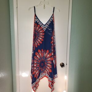 Jealouse Tomato Blue Red White Feather Design High Low Spaghetti Strap Sz L